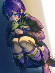 Rule 34 | 1girl, bernadetta von varley, boots, closed mouth, dress, earrings, fire emblem, fire emblem: three houses, gloves, grey eyes, hair ornament, highres, jewelry, knee boots, natto soup, nintendo, purple hair, solo, squatting, tearing up, yellow gloves