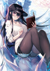 Rule 34 | 1girl, bare shoulders, baseball cap, black footwear, black hair, black hat, blue shorts, book, book stack, breasts, brown pantyhose, collarbone, commentary request, crossed legs, glasses, green-framed eyewear, hair between eyes, hat, holding, holding book, knees up, large breasts, long hair, looking at viewer, off shoulder, open book, original, pantyhose, pantyhose under shorts, parted lips, red eyes, reflection, satsuki misuzu, shirt, shoes, short shorts, shorts, sitting, solo, very long hair, white shirt