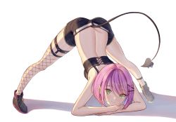 Rule 34 | 1girl, absurdres, black footwear, black shorts, closed mouth, demon tail, green eyes, hair ornament, hairclip, hands on ground, highres, hololive, jack-o&#039; challenge, looking at viewer, meme, purple hair, ray peng, shoes, short hair, shorts, simple background, smile, solo, spread legs, tail, tokoyami towa, top-down bottom-up, virtual youtuber, white background, wide spread legs, x hair ornament