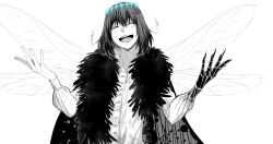 Rule 34 | 1boy, arthropod boy, black hair, cape, closed eyes, collared shirt, crown, diamond hairband, dragonfly wings, fate/grand order, fate (series), fur-trimmed cape, fur trim, insect wings, long sleeves, male focus, medium hair, nekopan (nekopannti), oberon (fate), oberon (third ascension) (fate), partially colored, shirt, simple background, smile, solo, upper body, white background, white shirt, wings