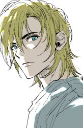 Rule 34 | 1boy, ash lynx, banana fish, blonde hair, blue eyes, closed mouth, highres, looking at viewer, male focus, my nameisyoon, shirt, short hair, simple background, solo, upper body, white background, white shirt