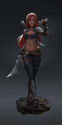 Rule 34 | 1girl, armor, boots, breasts, bustier, choker, cleavage, cropped jacket, crossed legs, dagger, dual wielding, faux figurine, full body, gradient background, greaves, gui guimaraes, holding, holster, katarina (league of legends), knee boots, knife, league of legends, light smile, long hair, midriff, navel, pants, pauldrons, red hair, scar, scar across eye, scar on face, shoulder armor, solo, statue, sword, tattoo, thigh gap, thigh holster, thighhighs, weapon
