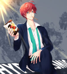 Rule 34 | 1boy, blue eyes, food, formal, highres, hypnosis mic, kannonzaka doppo, multicolored hair, necktie, pocky, red hair, sitting, smile, suit