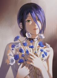 Rule 34 | 1girl, absurdres, artist name, bare shoulders, breasts, chainsaw man, choker, closed mouth, expressionless, flower, green eyes, grenade pin, hair bun, highres, holding, holding flower, nude, purple hair, reze (chainsaw man), short hair, simple background, single hair bun, small breasts, upper body, uqi32