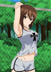 Rule 34 | 10s, 1girl, armpits, bad id, bad pixiv id, blush, breasts, brown eyes, brown hair, flatfield, girls und panzer, groin, gym shorts, highres, large breasts, looking at viewer, midriff, navel, nishizumi maho, open mouth, short hair, shorts, solo, sportswear