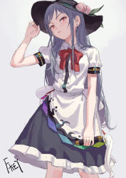 Rule 34 | 1girl, artist name, black hat, blouse, blue hair, blush, bow, bowtie, center frills, chinese commentary, commentary request, ear piercing, feet out of frame, fkey, food, frills, fruit, grey background, grey skirt, hand on headwear, hand up, hat, highres, hinanawi tenshi, holding, leaf, long hair, looking at viewer, peach, petticoat, piercing, puffy short sleeves, puffy sleeves, red bow, red bowtie, red eyes, shirt, short sleeves, signature, simple background, skirt, solo, standing, sword hilt, sword of hisou, touhou, white shirt, wing collar