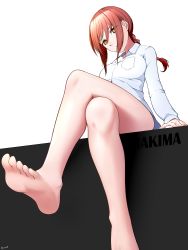 Rule 34 | 1girl, absurdres, barefoot, braid, chainsaw man, feet, highres, crossed legs, long hair, looking at viewer, makima (chainsaw man), parted lips, red hair, sitting, soles, toes, yellow eyes
