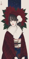 Rule 34 | 1girl, belt, belt buckle, beret, blue kimono, brown hair, buckle, commentary request, earrings, floral print, flower, fur collar, haori, hat, highres, japanese clothes, jewelry, kimono, long hair, long sleeves, looking at viewer, obi, original, parted lips, plaid haori, poinsettia, pom pom (clothes), print kimono, red flower, red haori, red hat, sash, seal impression, signature, solo, standing, star (symbol), star earrings, upper body, ushiyama ame, wavy hair