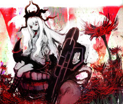 Rule 34 | 10s, 1girl, abyssal ship, assi, colored skin, flower, headwear request, horns, kantai collection, long hair, long sleeves, lycoris princess, red eyes, red flower, shirt, solo, white hair, white shirt, white skin