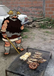 Rule 34 | 1boy, beard, blurry, commentary request, cooking, depth of field, dungeon meshi, dwarf, expressionless, facial hair, fake horns, food, full body, grill, grilling, helmet, highres, holding, holding tongs, horned helmet, horns, khamoise, long beard, looking at viewer, male focus, muscular, muscular male, mustache, parody request, photo background, senshi (dungeon meshi), solo, spanish commentary, standing, thick mustache, thumbs up, tongs, very long beard