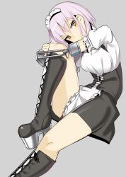 Rule 34 | 1girl, amputee, bad id, bad pixiv id, black footwear, blonde hair, boots, cross-laced footwear, doko tetora, grey background, hugging own legs, knee boots, lace-up boots, light purple hair, looking at viewer, maid, maid headdress, original, platform footwear, platform heels, short hair, simple background, solo