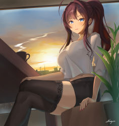 Rule 34 | 1girl, ahoge, black skirt, black thighhighs, blue eyes, blush, breasts, brown hair, coffee cup, commentary request, crossed legs, cup, disposable cup, earrings, from below, highres, ichinose shiki, idolmaster, idolmaster cinderella girls, jewelry, large breasts, long hair, looking at viewer, miniskirt, nail polish, ponytail, shirt, shogun (a96040021), signature, sitting, skirt, solo, sunrise, table, thighhighs, white shirt, window, zettai ryouiki