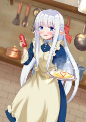 Rule 34 | 1girl, apron, blue dress, blue eyes, blush, braid, breasts, cooking pot, dress, elf, eyebrows hidden by hair, feet out of frame, food, frying pan, highres, holding, holding tray, ketchup, ketchup bottle, kettle, kitchen, large ribbon, long hair, looking at viewer, maid, maid apron, maou no ore ga dorei elf wo yome ni shitanda ga dou medereba ii?, medium breasts, nephelia, omelet, omurice, open mouth, pointy ears, rodo (oekakisyakaijin), smile, solo, spatula, spoon, steam, tray, very long hair, white apron, white hair