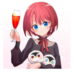 Rule 34 | 1girl, ame., black dress, blue eyes, bow, breasts, closed mouth, commentary request, cup, dress, drink, gradient background, hand up, head tilt, highres, holding, holding cup, hololive, long sleeves, looking at viewer, medium breasts, pink background, pink nails, puffy long sleeves, puffy sleeves, red bow, red hair, see-through, see-through sleeves, smile, takane lui, upper body, virtual youtuber, white background