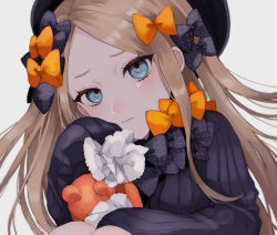 Rule 34 | 1girl, abigail williams (fate), black bow, black dress, black hat, blonde hair, blue eyes, bow, breasts, closed mouth, dress, fate/grand order, fate (series), forehead, hair bow, hat, highres, long hair, long sleeves, multiple hair bows, orange bow, parted bangs, polka dot, polka dot bow, ribbed dress, sleeves past fingers, sleeves past wrists, small breasts, solo, stuffed animal, stuffed toy, sumi (gfgf 045), tears, teddy bear