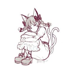 Rule 34 | 1girl, animal ears, bow, braid, cat ears, cat tail, dress, glaring, highres, hok age 69, kaenbyou rin, knees to chest, knees up, multiple tails, nekomata, red hair, sketch, solo, tail, touhou, twin braids, two tails