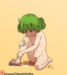 Rule 34 | 1girl, 2016, barefoot, breasts, cleft of venus, colored pubic hair, cum, curly hair, dated, ejaculation, eyelashes, feet, feet on toy, female pubic hair, femdom, footjob, full body, green eyes, green hair, green pubic hair, grin, hugging own legs, legs, navel, noise tanker, nude, one-punch man, patreon, penis, pubic hair, pussy, short hair, signature, simple background, sitting, small breasts, smile, solo, tatsumaki, thighs, toes, trample, uncensored