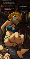 Rule 34 | 1girl, absurdres, bare shoulders, barefoot, bdsm, blonde hair, blue eyes, bondage, bound, bound ankles, bound wrists, bra, breasts, cleavage, cloth gag, collarbone, gag, gagged, hair ornament, hairclip, highres, improvised gag, kidnapped, legs, magnolia-baillon, nintendo, over the nose gag, panties, princess zelda, sweat, the legend of zelda, the legend of zelda: tears of the kingdom, thighs, underwear