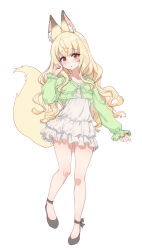 Rule 34 | 1girl, :o, absurdres, animal ear fluff, animal ears, aningay, blonde hair, blush, copyright request, dress, fox ears, fox girl, fox tail, full body, green jacket, grey footwear, hand up, highres, jacket, layered dress, long hair, long sleeves, looking at viewer, parted lips, pleated dress, puffy long sleeves, puffy sleeves, red eyes, shoes, simple background, sleeves past wrists, solo, standing, standing on one leg, tail, very long hair, wavy hair, white background, white dress