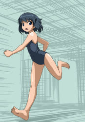 Rule 34 | 1girl, bad id, bad pixiv id, barefoot, black hair, blue eyes, blue one-piece swimsuit, blue school swimsuit, child, clenched hand, dot nose, from below, looking at viewer, one-piece swimsuit, open mouth, original, rohitsuka, running, school swimsuit, short hair, soles, solo, swimsuit, toes