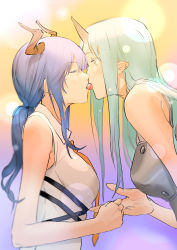 Rule 34 | 2girls, arknights, bare shoulders, blue hair, blush, breasts, ch&#039;en (arknights), closed eyes, collared shirt, commentary, french kiss, from side, green hair, highres, horns, hoshiguma (arknights), kiss, large breasts, long hair, low ponytail, multiple girls, necktie, pointy ears, shirt, single horn, skin-covered horns, sleeveless, sleeveless shirt, tongue, tongue out, yellow eyes, yichuan, yuri