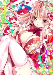 Rule 34 | 1girl, animal ear fluff, animal ears, bare shoulders, blush, breasts, brown hair, cat ears, cleavage, commentary request, floral print, food, fruit, hair between eyes, hands up, holding, japanese clothes, kimono, knees up, large breasts, long hair, looking at viewer, nanase kureha, nanase nao, off shoulder, original, print kimono, red kimono, solo, strawberry, thighhighs, very long hair, white thighhighs, yellow eyes
