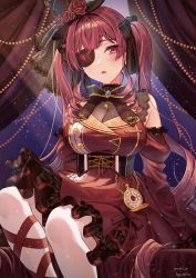 Rule 34 | 1girl, absurdly long hair, absurdres, bare shoulders, blush, breasts, brooch, bun (jewd5385), cleavage, collared dress, dated, dress, eyepatch, flower, frilled dress, frills, gold, gothic lolita, hat, hat flower, heart, heart necklace, highres, hololive, houshou marine, houshou marine (gothic lolita), jewelry, large breasts, lolita fashion, long hair, looking to the side, medium dress, mini hat, mini top hat, necklace, open mouth, pocket watch, red dress, red eyes, red hair, see-through, see-through cleavage, sitting, solo, top hat, twintails, underbust, very long hair, virtual youtuber, watch