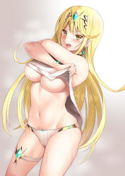 Rule 34 | 1girl, absurdres, blonde hair, blush, breasts, clothes lift, commentary request, cowboy shot, daive, dress, dress lift, earrings, fang, gem, gradient background, grey background, highres, jewelry, large breasts, lifting own clothes, long hair, looking at viewer, mythra (xenoblade), navel, nintendo, no bra, open mouth, panties, sleeveless, sleeveless dress, solo, stomach, straight hair, sweat, swept bangs, thigh strap, tiara, underboob, underwear, undressing, v-shaped eyebrows, very long hair, white dress, white panties, xenoblade chronicles (series), xenoblade chronicles 2, yellow eyes