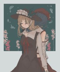 Rule 34 | 2girls, blonde hair, brown headwear, brown skirt, brown vest, cabbie hat, collarbone, collared shirt, extra, closed eyes, flat cap, flower, frilled hat, frills, hat, hat feather, highres, holding hands, jacket girl (dipp), label girl (dipp), laspberry., long hair, long sleeves, midriff, multiple girls, purple hair, red headwear, red neckwear, red ribbon, red skirt, ribbon, shirt, skirt, touhou, vest, white shirt, white vest