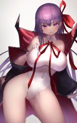 Rule 34 | 1girl, bb (fate), bb (fate/extra), bb (swimsuit mooncancer) (third ascension) (fate), breasts, coat, covered navel, cowboy shot, fate/grand order, fate (series), gloves, grey background, hair between eyes, hair ribbon, halterneck, hand on own breast, head tilt, high collar, highres, large breasts, leaning to the side, legs apart, leotard, long hair, looking at viewer, narrow waist, plaster2501, purple eyes, purple hair, red ribbon, ribbon, simple background, smile, solo, standing, thighs, trench coat, very long hair, white gloves, white leotard, wide sleeves