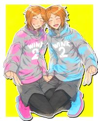 Rule 34 | 10s, 2boys, aoi hinata, aoi yuta, blush, brothers, parted hair, ensemble stars!, closed eyes, grin, highres, hood, hoodie, isaka, leggings, male focus, multiple boys, nail polish, outline, shorts, siblings, simple background, smile, sweater, twins, v, white outline, yellow background