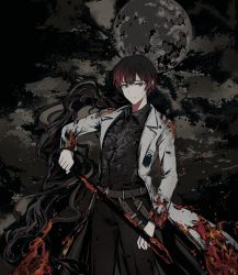 Rule 34 | 1boy, black hair, black shirt, burnt clothes, closed mouth, coat, e.g.o (project moon), fire, highres, holding, holding weapon, lab coat, limbus company, multicolored hair, pants, project moon, shirt, short hair, smoke, tractrix, weapon, white coat, yi sang (project moon)