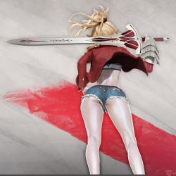 Rule 34 | 1girl, 3d, ass, back, belt, blonde hair, clarent (fate), fate/apocrypha, fate (series), female focus, gauntlets, hand on own hip, highres, holding, holding sword, holding weapon, jacket, legs, leslyzerosix, long hair, micro shorts, midriff, mordred (fate), mordred (fate/apocrypha), mordred (memories at trifas) (fate), over shoulder, ponytail, short shorts, shorts, solo, sword, sword over shoulder, thighs, weapon, weapon over shoulder