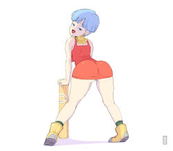 Rule 34 | 1girl, ass, blue eyes, blue hair, bulma, dragon ball, dragonball z, from behind, full body, highres, legs, legs apart, leo..., lipstick, looking at viewer, looking back, makeup, naughty face, open mouth, red skirt, scarf, self-upload, simple background, skirt, smug, tagme, thighs, white background