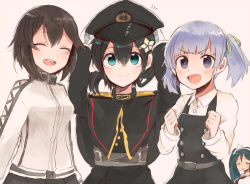 Rule 34 | 10s, 4girls, :d, aqua eyes, arms up, beige background, belt, black hair, blunt bangs, blush, buttons, clenched hands, closed eyes, double-breasted, dress, female admiral (kancolle), folded ponytail, gloves, green eyes, green hair, green ribbon, grey eyes, hair between eyes, hair ornament, hair ribbon, hands on headwear, hat, hayasui (kancolle), isuzu (kancolle), itomugi-kun, jacket, kantai collection, long hair, long sleeves, looking at viewer, multiple girls, ooshio (kancolle), open mouth, peaked cap, pinafore dress, pleated skirt, remodel (kantai collection), ribbon, round teeth, school uniform, short hair, short twintails, simple background, skirt, sleeveless dress, smile, sweatdrop, teeth, track jacket, twintails, upper body, white background, white gloves, white jacket