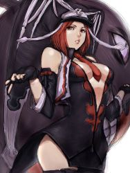 Rule 34 | 1girl, arc system works, bare shoulders, breasts, cleavage, fumio (rsqkr), gloves, guilty gear, necktie, red eyes, red hair, solo, valentine (guilty gear)