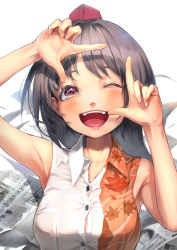Rule 34 | 1girl, ;d, armpits, black hair, breasts, button gap, hands up, happy, hat, highres, large breasts, long hair, looking at viewer, newspaper, one eye closed, open mouth, purple eyes, red hat, shameimaru aya, simple background, smile, solo, sparkle, teeth, tokin hat, tongue, touhou, upper body, white background, yawdeone