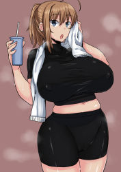 Rule 34 | bike shorts, black legwear, blue eyes, breasts, covered erect nipples, cowboy shot, cup, drink, gym, hand up, highres, holding, holding cup, holding towel, huge breasts, komusou (jinrikisha), looking at viewer, ooba minori, open mouth, ponytail, short sleeves, shorts, simple background, standing, steam, sweat, thighs, towel