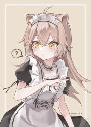 1girl ? absurdres alternate_costume animal_ears apron artist_name black_dress black_ribbon blonde_hair border closed_mouth collar dress frilled_apron frilled_collar frills hair_between_eyes hair_ribbon highres indie_virtual_youtuber lion_ears long_hair looking_to_the_side maid maid_headdress neck_ribbon nomisa puffy_short_sleeves puffy_sleeves ribbon rurudo_lion short_sleeves simple_background small_sweatdrop solo spoken_question_mark surprised virtual_youtuber white_apron white_border white_collar yellow_background yellow_eyes