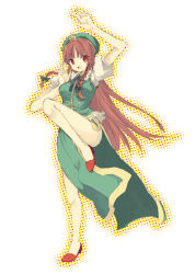 Rule 34 | 1girl, blue eyes, braid, female focus, hat, hong meiling, immaterial and missing power, long hair, open mouth, red hair, shiina aya, smile, solo, standing, standing on one leg, touhou, twin braids