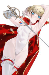 Rule 34 | 1girl, absurdres, arm up, armpits, azur lane, blonde hair, blue eyes, blush, breasts, cape, closed mouth, covered navel, frilled thighhighs, frills, gauntlets, hair bun, highres, holding, holding sword, holding weapon, le triomphant (azur lane), leotard, looking at viewer, medium breasts, mr nakedmans, rapier, red cape, short hair, simple background, single gauntlet, solo, sword, thighhighs, weapon, white background, white leotard, white thighhighs