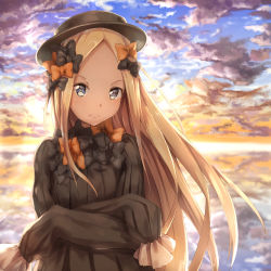 Rule 34 | &gt;:(, 1girl, abigail williams (fate), black bow, black dress, blonde hair, blue eyes, blue sky, bow, bug, butterfly, closed mouth, cloud, cloudy sky, commentary request, crossed arms, dress, fate/grand order, fate (series), forehead, frown, hair bow, highres, insect, kyon (kyouhei-takebayashi), long hair, long sleeves, looking at viewer, orange bow, outdoors, parted bangs, polka dot, polka dot bow, sky, sleeves past fingers, sleeves past wrists, solo, sunset, v-shaped eyebrows, very long hair