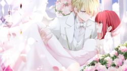 Rule 34 | 1boy, 1girl, absurdres, arima kana, blonde hair, blue eyes, blush, bob cut, bouquet, bow, bowtie, carrying, closed mouth, commentary, couple, dress, dress shirt, earrings, english commentary, eye contact, falling petals, feet out of frame, flower, hair between eyes, hetero, highres, hoshino aquamarine, inverted bob, jacket, jewelry, lilac10, looking at another, medium hair, open mouth, oshi no ko, petals, pink flower, pink rose, princess carry, red eyes, rose, see-through, shirt, short hair, sidelocks, sparkle, star-shaped pupils, star (symbol), strapless, strapless dress, symbol-shaped pupils, tiara, twitter username, upper body, vest, wedding, wedding dress, white bow, white bowtie, white dress, white flower, white jacket, white rose, white shirt, white vest