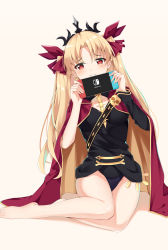 Rule 34 | 1girl, absurdres, bad id, bad pixiv id, blonde hair, blush, bow, breasts, cape, catnnn, commentary request, earrings, ereshkigal (fate), fate/grand order, fate (series), hair ribbon, handheld game console, highres, holding, holding handheld game console, jewelry, long hair, looking at viewer, nintendo switch, parted bangs, red eyes, ribbon, simple background, sitting, skull, smile, solo, tiara, two side up, very long hair, white background