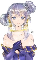 Rule 34 | 1girl, asymmetrical hair, bare shoulders, blue eyes, braid, braided bun, breasts, cleavage, closed mouth, collarbone, crown braid, doraeshi, double bun, elbow gloves, gloves, gold, grey hair, hair bun, hands up, highres, jewelry, large breasts, long hair, looking at viewer, neck ring, original, purple gloves, short hair with long locks, sidelocks, simple background, smile, solo, strapless, white background