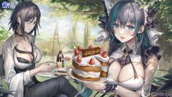 Rule 34 | 2girls, absurdres, aibek, animal ears, ark royal (azur lane), ark royal (cafe lookout) (azur lane), arm garter, azur lane, black bra, black choker, black hair, black pants, blue eyes, blue hair, blush, bow, bra, breasts, cake, center opening, chair, cheshire (azur lane), choker, cleavage, collarbone, collared shirt, cookie, copyright name, crescent, crescent pin, crossed legs, cup, day, dress, fake animal ears, feet out of frame, food, fruit, glint, hair between eyes, hair bow, hair intakes, highres, holding, holding cake, holding cup, holding food, large breasts, lemon, lemon slice, logo, long hair, looking at viewer, macaron, medium breasts, medium hair, milestone celebration, multicolored hair, multiple girls, official alternate costume, official art, open mouth, outdoors, pants, parted lips, second-party source, shirt, sitting, sleeveless, sleeveless dress, smile, strawberry, streaked hair, table, teacup, tiered tray, tree, two-tone hair, underwear, upper body, watermark, whipped cream, white shirt, wing collar, wrist cuffs