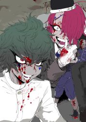 Rule 34 | blood, blood on clothes, blood on face, blood on hands, blue jacket, blue pants, collared shirt, colored skin, commentary request, constricted pupils, corpse, crazy smile, furrowed brow, green hair, grey skin, hair over one eye, highres, jacket, long sleeves, looking at viewer, male focus, master detective archives: rain code, na 6, open mouth, outdoors, pants, red eyes, red hair, shirt, short hair, smile, spoilers, standing, teeth, thick eyebrows, upper body, white jacket, white shirt, wide-eyed, wiping blood, yomi hellsmile, zilch alexander