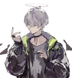 Rule 34 | 1boy, arene (arknights), arknights, black choker, black jacket, black nails, choker, closed mouth, earrings, green eyes, grey hair, grey shirt, hair between eyes, halo, highres, holding, jacket, jewelry, long sleeves, nail polish, open clothes, open jacket, shirt, short hair, simple background, solo, white background
