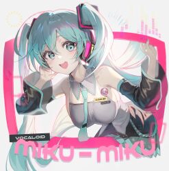 Rule 34 | 1girl, absurdres, aqua eyes, aqua hair, bare shoulders, black skirt, breasts, collared shirt, commentary, detached sleeves, grey shirt, hair ornament, hands up, hatsune miku, headphones, highres, large breasts, leaning forward, long hair, long sleeves, looking at viewer, miku day, necktie, open mouth, pleated skirt, shirt, skirt, sleeveless, sleeveless shirt, smile, solo, soyoong jun, twintails, very long hair, vocaloid