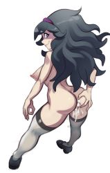 Rule 34 | 1girl, aftersex, ass, black hair, black thighhighs, blue eyes, breasts, closed mouth, creatures (company), cum, cum in ass, cum in pussy, cumdrip, dimples of venus, female focus, game freak, gluteal fold, hairband, hex maniac (pokemon), highres, large breasts, long hair, looking at viewer, looking back, nintendo, nipples, nude, pokemon, pokemon xy, polyle, shoes, simple background, smile, solo, spread legs, thighhighs, white background